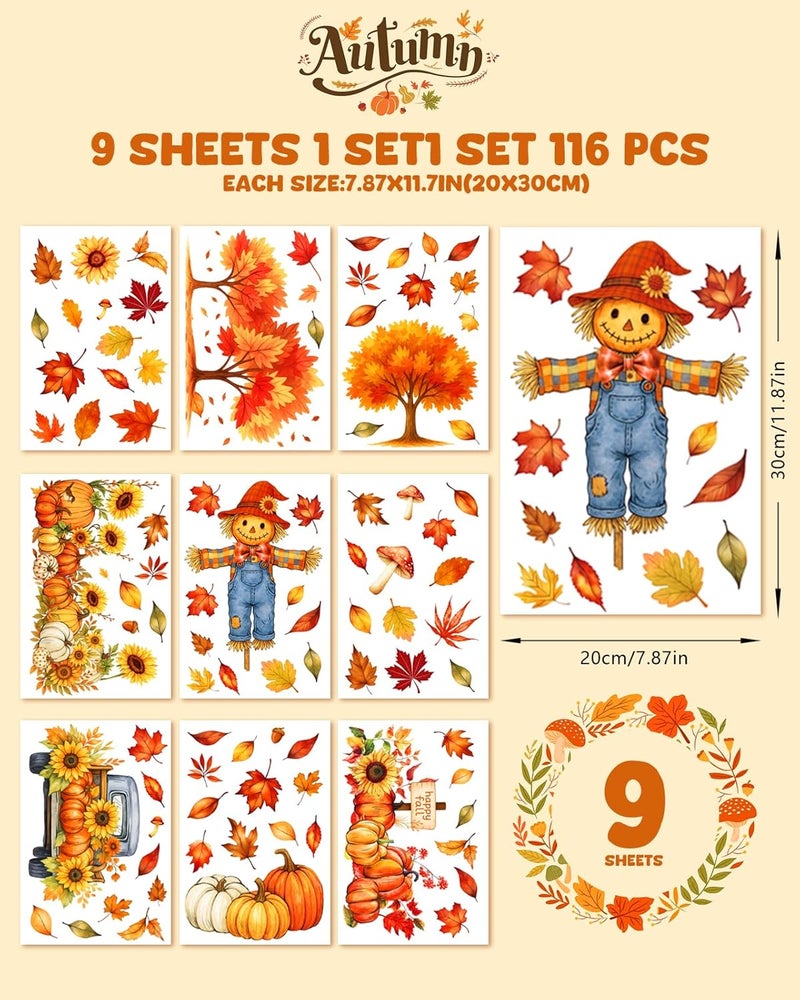 JMHACHY Fall Window Clings - 9 Sheets 116 Pcs Fall Decorations for Autumn Thanksgiving Harvest Home Party, Pumpkin Leaves Truck Maple Sunflowers Stickers for Glass, Double-Sided Static Window Decals - Image 2